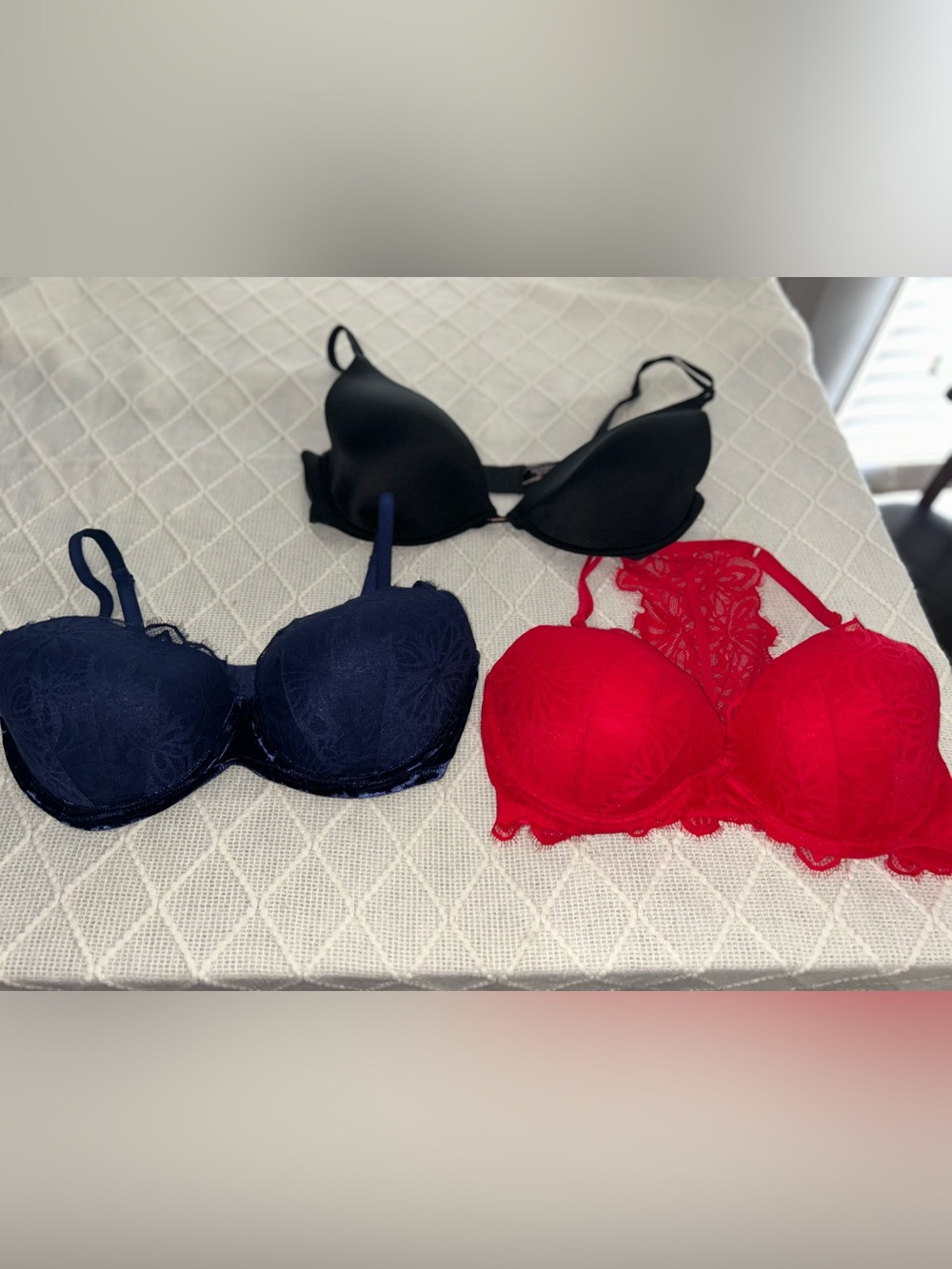 Victoria's Secret Black, Blue velvet & Red Lace Push-Up Bra Set